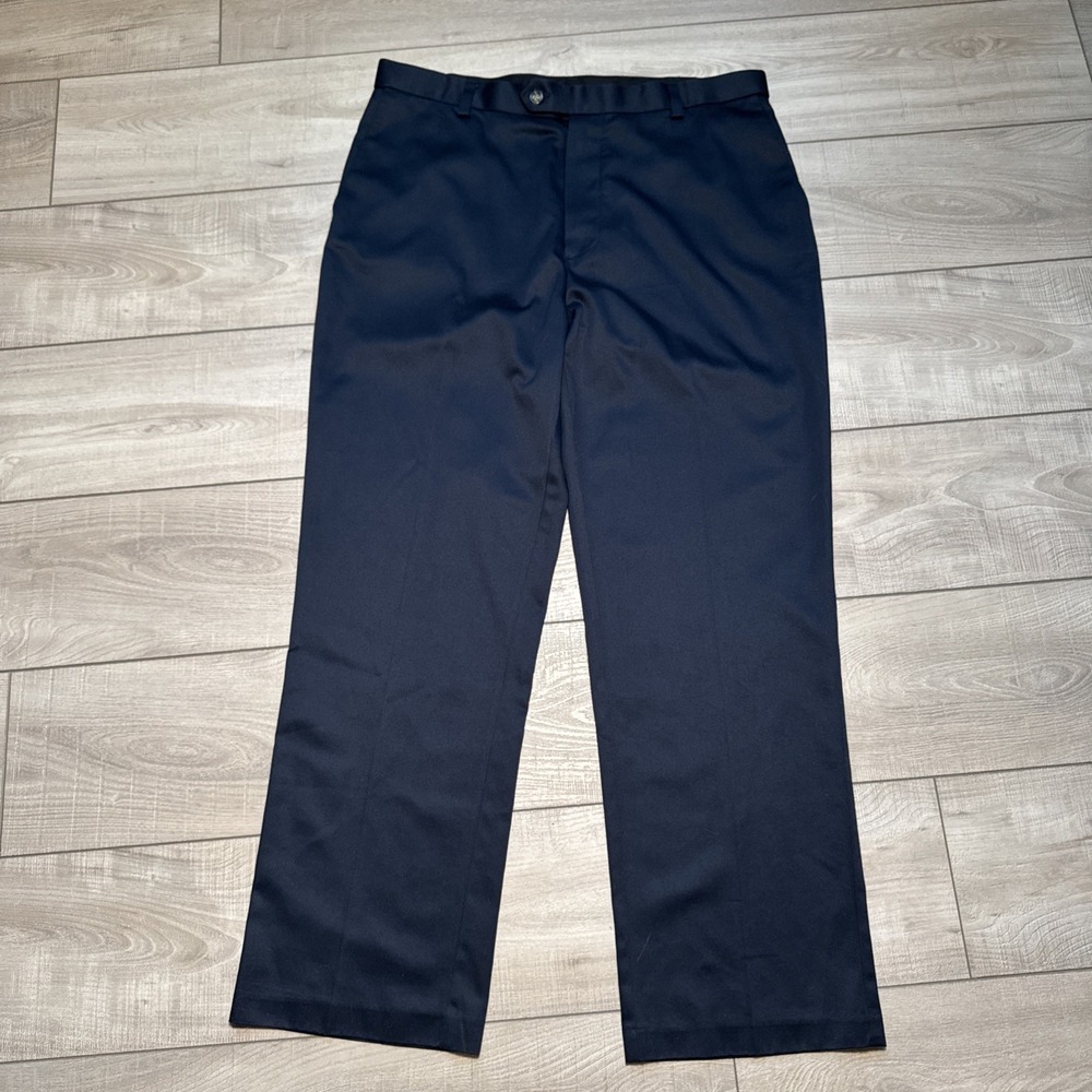 Roundtree & Yorke pants 36x29 Navy Sheen Flat Front Elastic‎ Waist Classic Fit